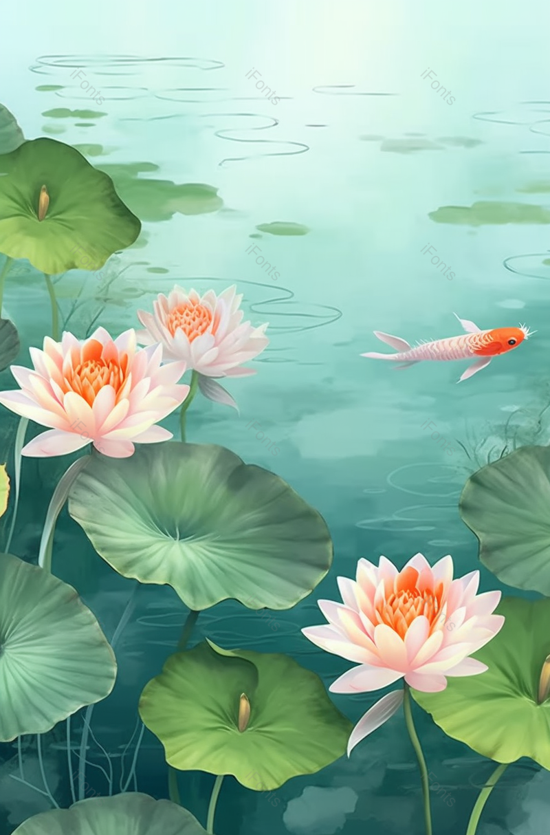 凉爽夏天夏至荷花盛开绽放荷叶锦鲤游水,插画/手绘图,插画/手绘图库,插画/手绘图下载,插画/手绘